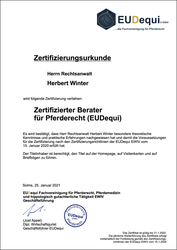 Zertifizierungsurkunde Lehrbeauftragter der Berufsakademie Bautzen,  Zertifizierter Berater für Pferderecht (EUDequi)