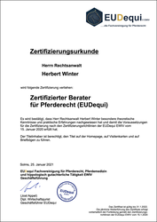 Zertifizierungsurkunde Lehrbeauftragter der Berufsakademie Bautzen, Zertifizierter Berater für Pferderecht (EUDequi)
